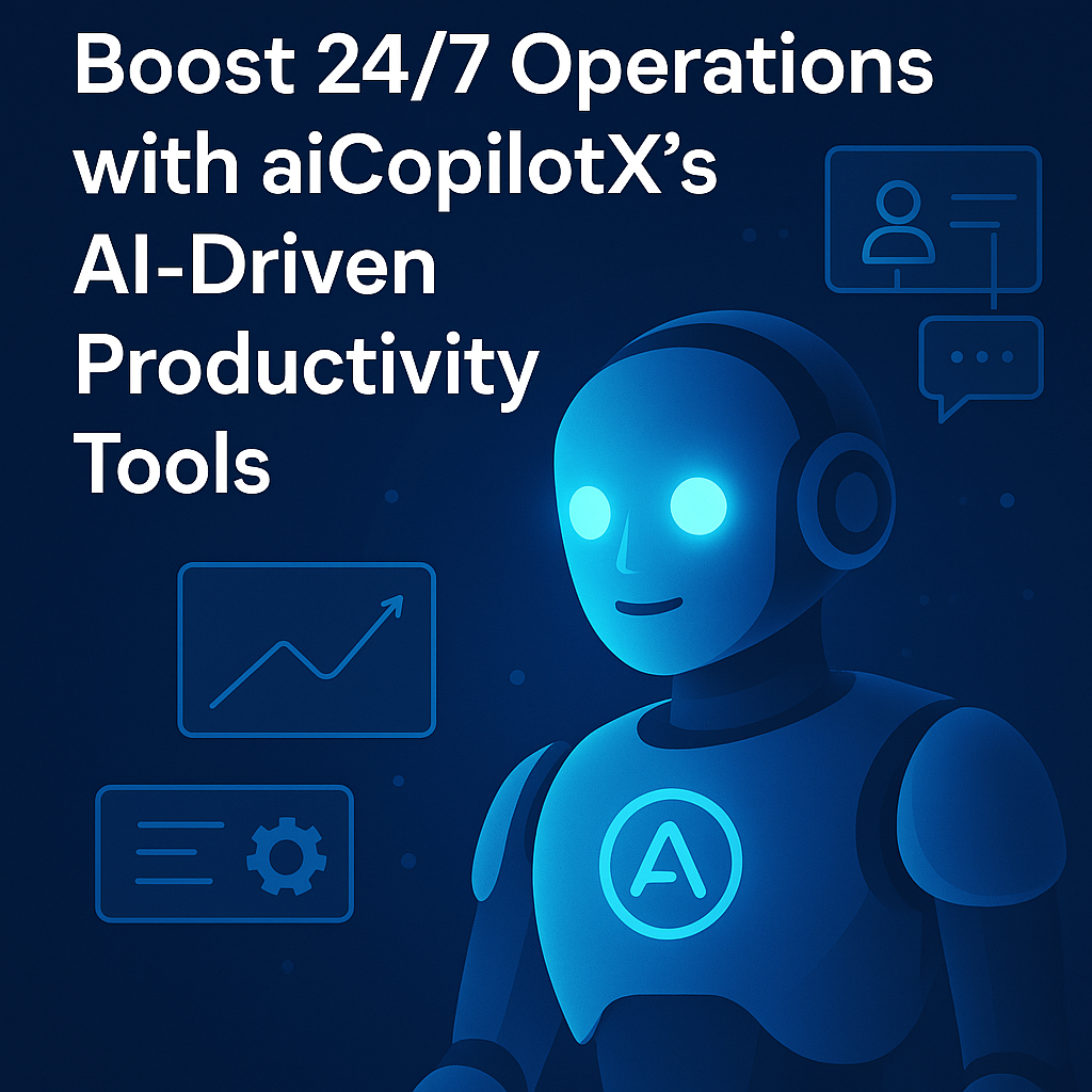 Graphic showing diverse AI-driven tools by aiCopilotX optimizing 24/7 business operations.