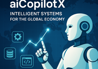 Graphic of a digital globe with network connections and icons representing aiCopilotX systems enhancing global economy.