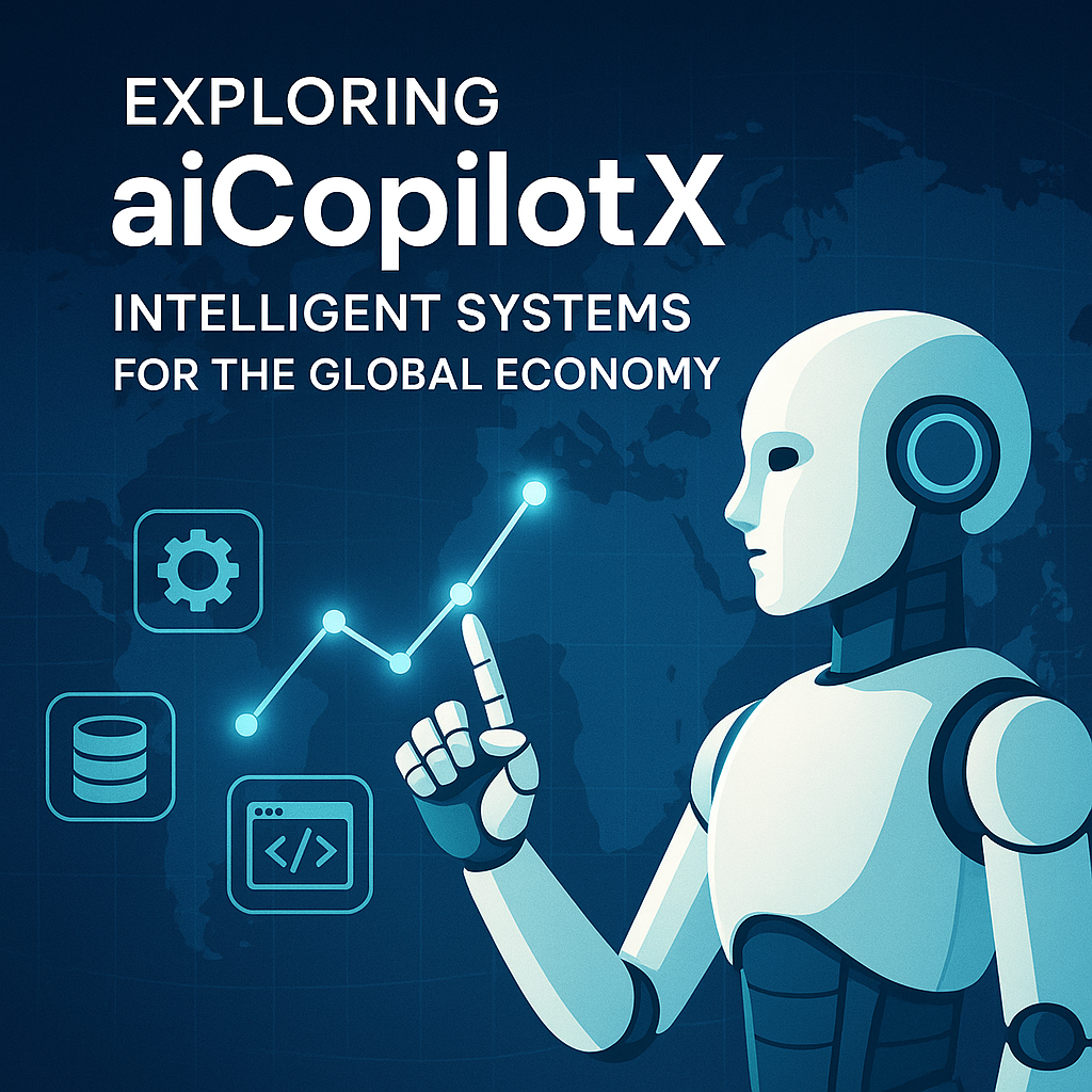 Graphic of a digital globe with network connections and icons representing aiCopilotX systems enhancing global economy.