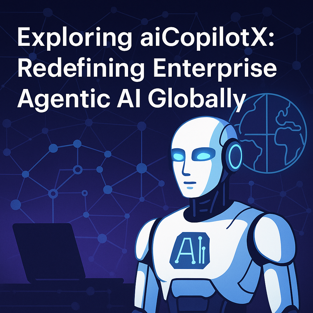 Graphic of a globe surrounded by digital networks and icons representing various industries, highlighting aiCopilotX's global
