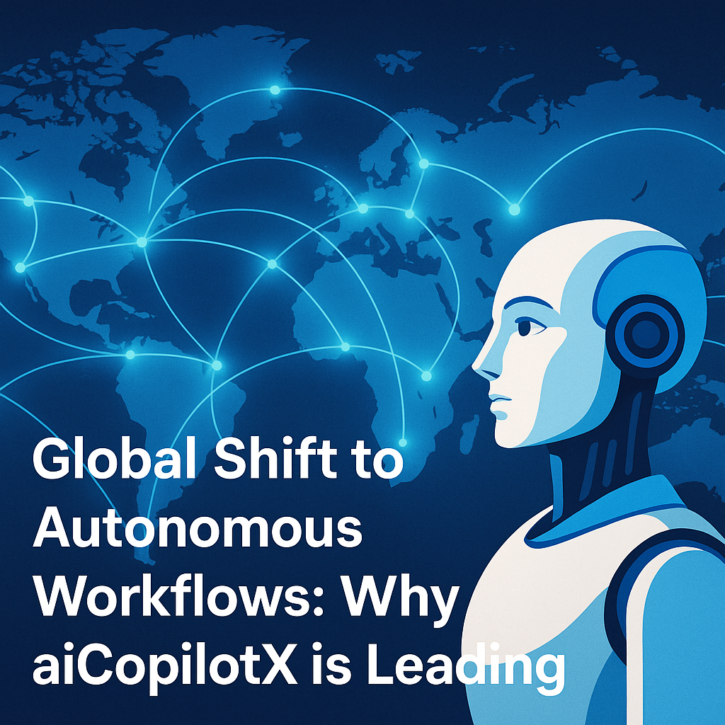 Futuristic AI robot with global network connections symbolizing autonomous workflow technology.