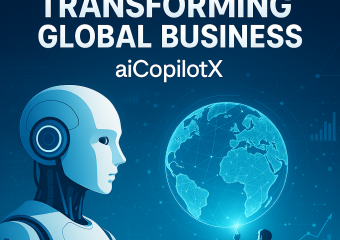 A digital illustration of a humanoid robot shaking hands with a business executive, symbolizing AI partnership.
