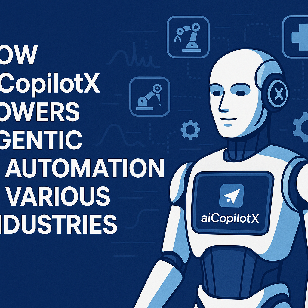 Graphic of aiCopilotX interface showing automation in industries like healthcare, finance, and manufacturing.