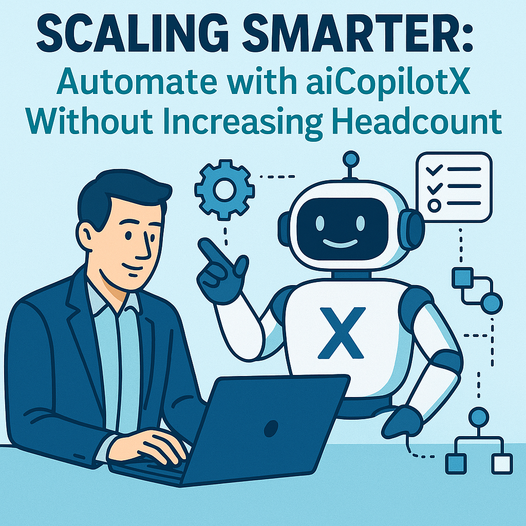 Illustration of a businessman and a robot using aiCopilotX for automation in an office setting.